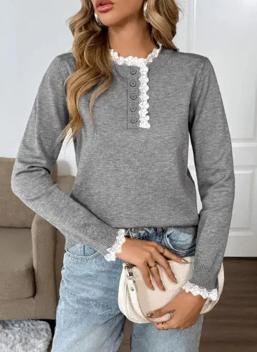 Full shot of women's grey retro long-sleeve sweater, showing its lace-trim mock-neck. Casual & elegant fall fashion.