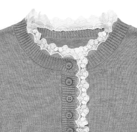 Detailed view of the stylish grey women's long-sleeve sweater, highlighting the retro lace-trim mock-neck design.