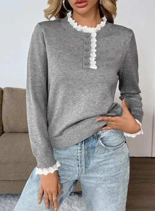 Grey women's retro long-sleeve sweater with elegant lace-trim mock-neck. Perfect vintage fall fashion top.