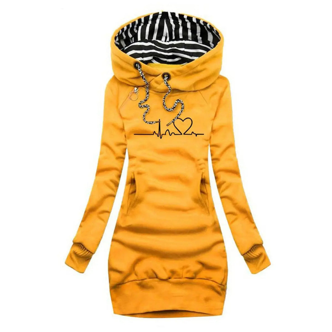 Women's hooded long sleeve jumper dress with a unique heartbeat graphic print. Perfect for casual comfort.