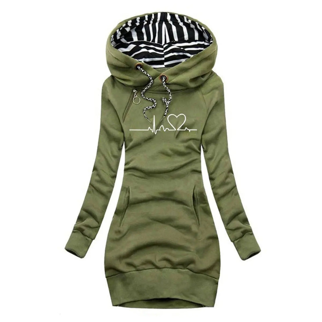 Cozy women's heartbeat print hooded midi jumper dress, ideal long sleeve pullover for autumn & winter style.