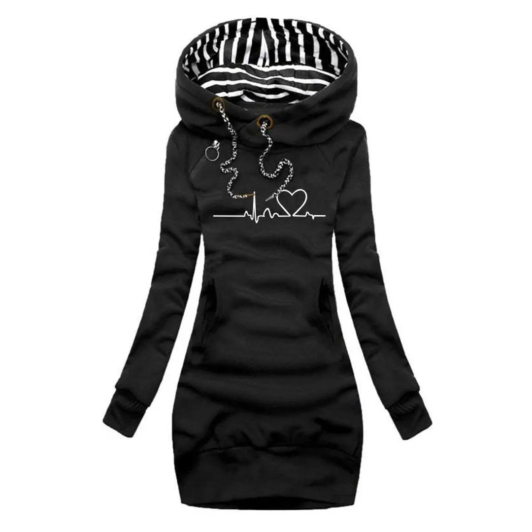 Stylish women's graphic heartbeat print casual midi dress with hood & long sleeves. Comfortable jumper style.