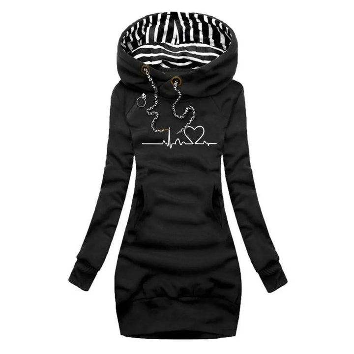 Stylish women's graphic heartbeat print casual midi dress with hood & long sleeves. Comfortable jumper style.