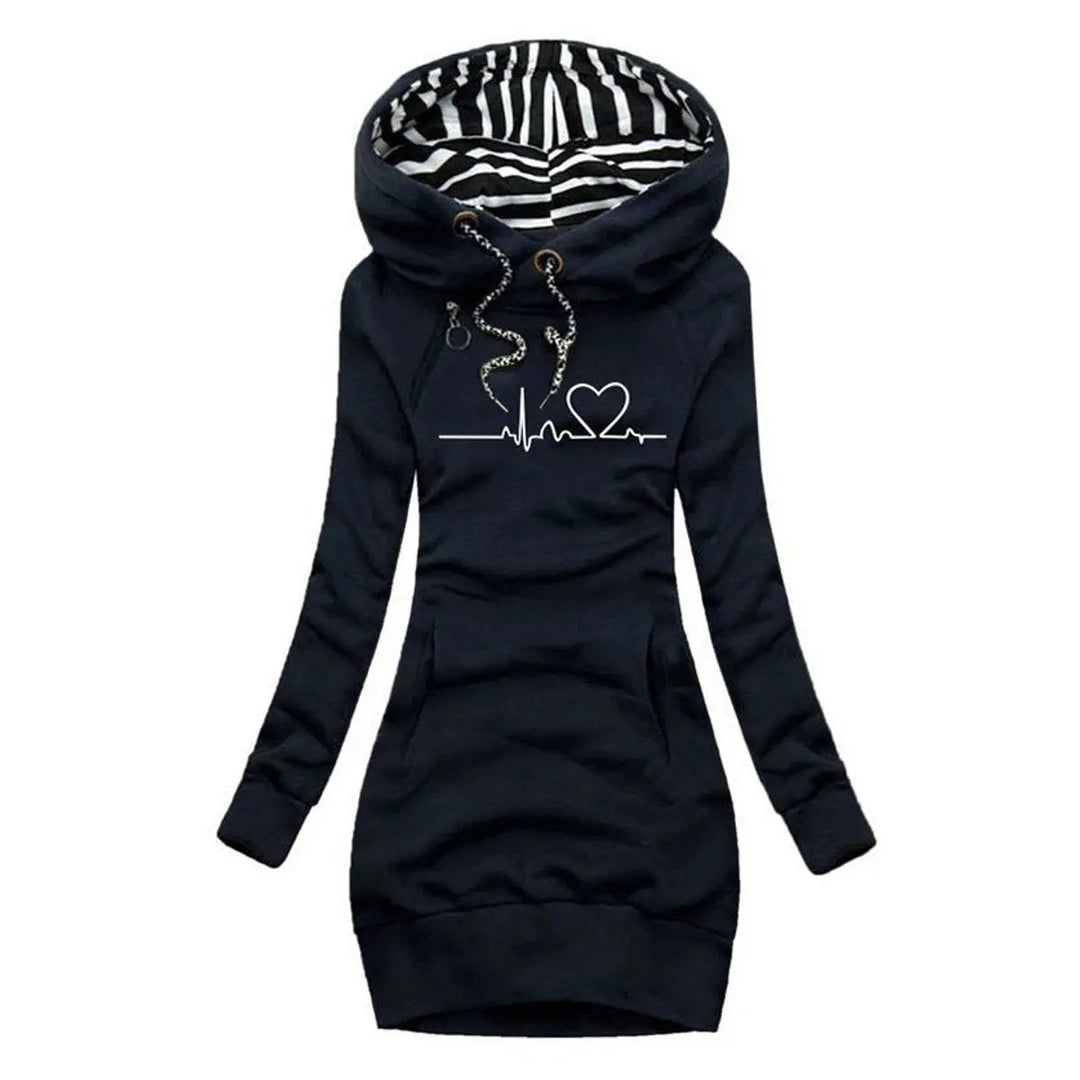 Women's long sleeve hooded jumper dress featuring a striking heartbeat print. Versatile for casual autumn wear.