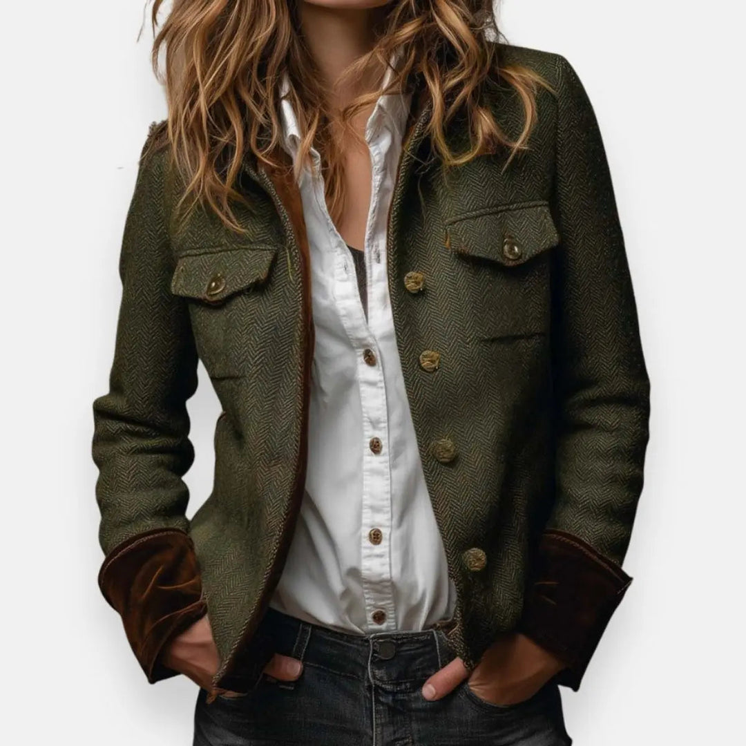 Women's elegant quilted utility jacket with shiny gold buttons, perfect for smart casual fall and winter outfits.