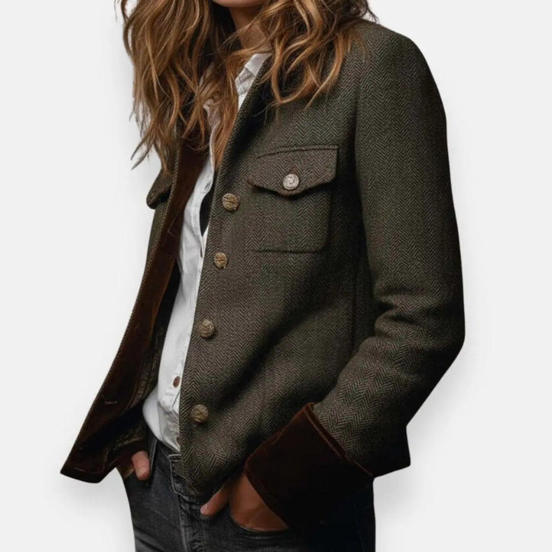 Stylish women's elegant utility quilted jacket with gold buttons, offering a smart casual look for fall and winter.