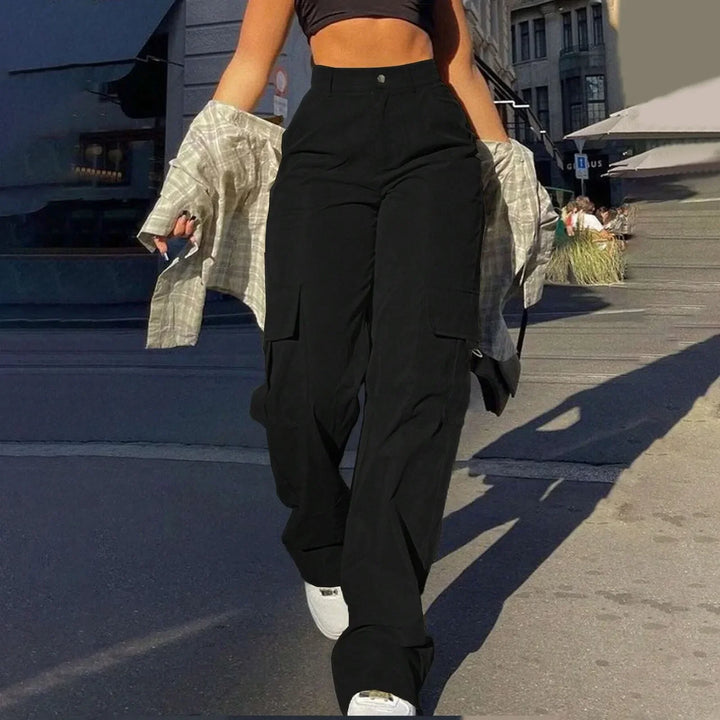 Women's high-waist cargo pants with functional pockets, showcasing durable fabric and versatile design for casual comfort.