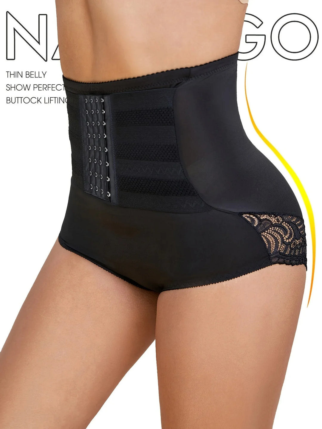 Delicate lace details on women's high-waisted compression shapewear briefs for ultimate comfort.