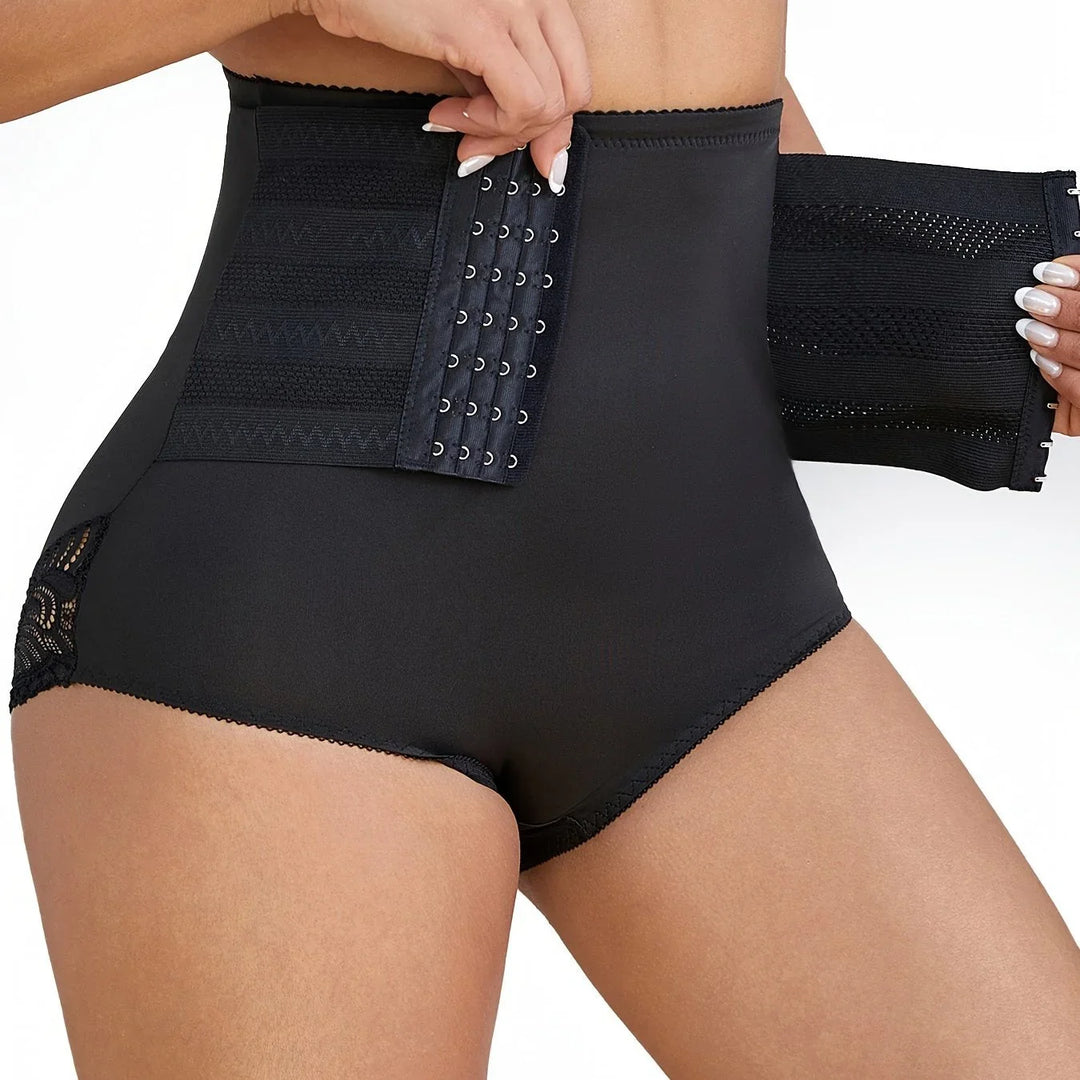 Women's high-waisted compression lace shapewear briefs for tummy smoothing & control.
