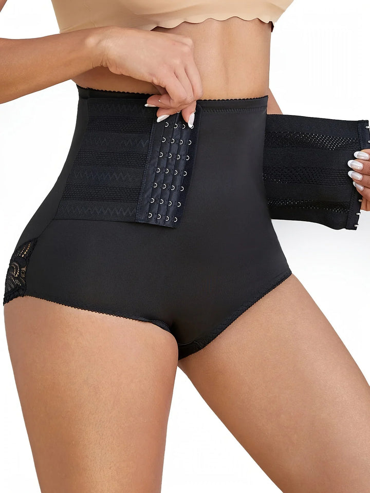 Elegant lace high-waisted compression briefs for women, offering firm body shaping & support.