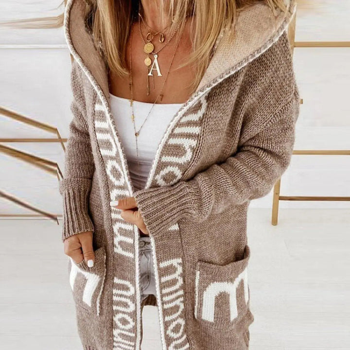 Women's cozy hooded open-front longline knit cardigan. Perfect casual outerwear for autumn & winter layers.