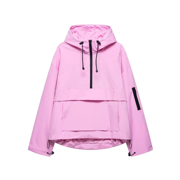 Women's hooded windproof anorak quilted pullover jacket. Perfect oversized fit for spring & fall casual outerwear.