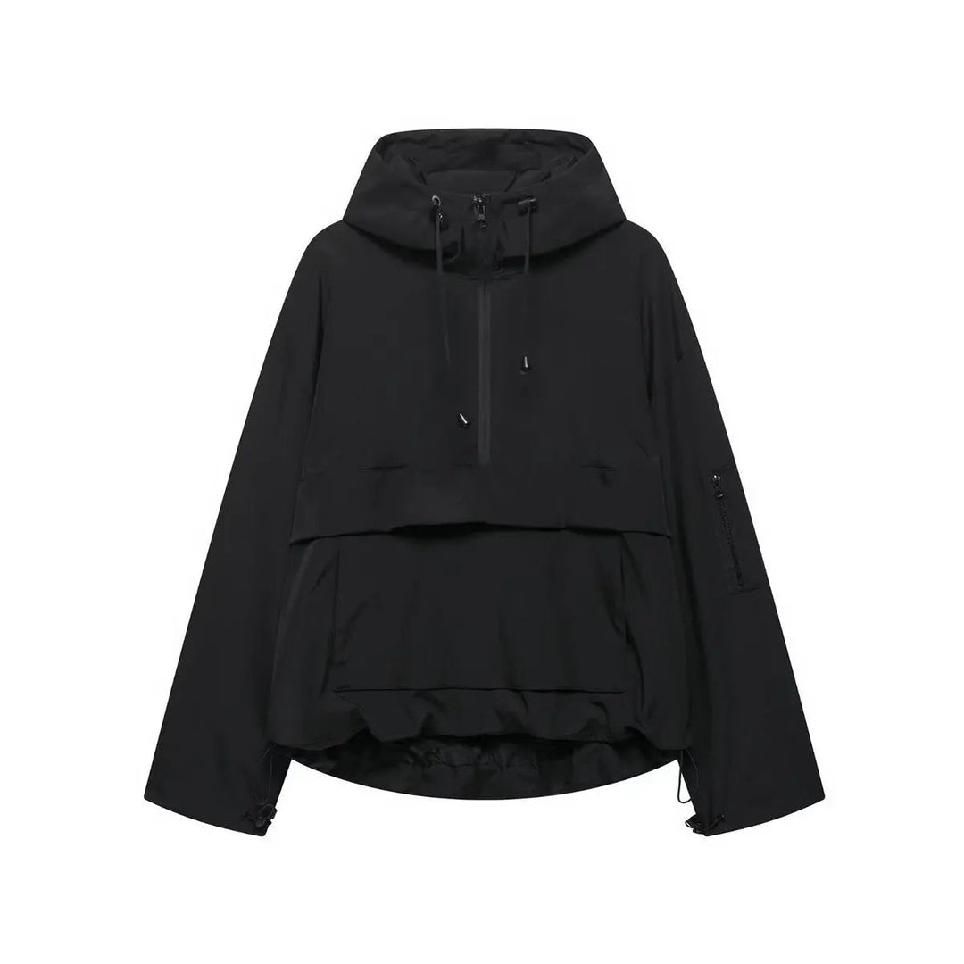 Women's windproof hooded pullover anorak jacket. Quilted half-zip, oversized fit, great for casual spring & fall.