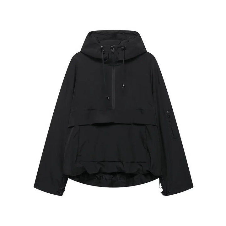 Women's windproof hooded pullover anorak jacket. Quilted half-zip, oversized fit, great for casual spring & fall.
