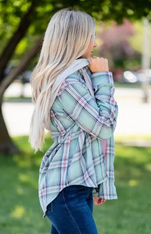 Bohemian women's plaid hoodie shirt jacket, button-down, great for relaxed spring and summer outfits.