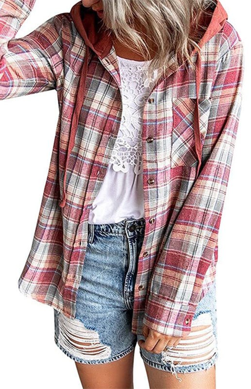 Women's plaid button-down hoodie shirt jacket, long sleeves, excellent for layering and comfort.