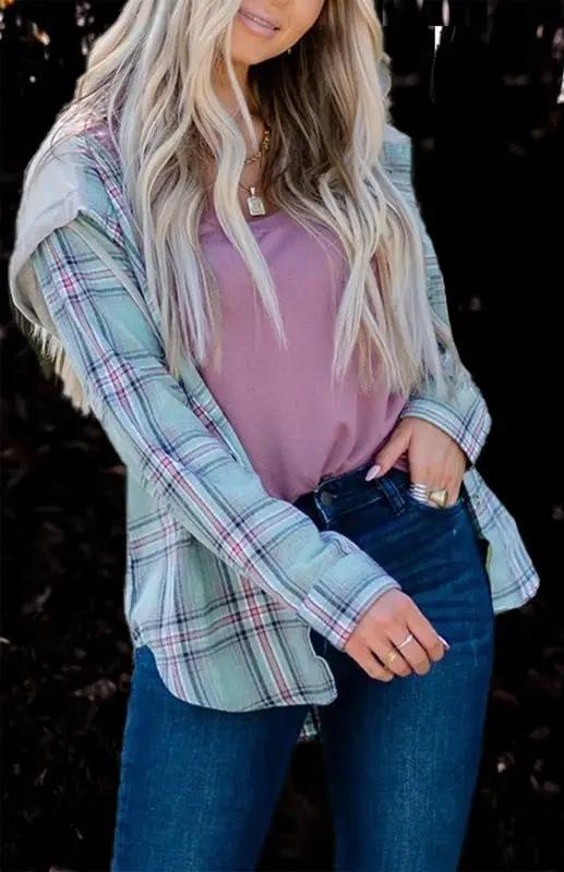 Women's plaid hoodie shirt jacket, button-down, perfect for spring leisure and trendy style.
