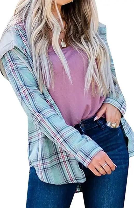 Bohemian-inspired women's plaid hoodie shirt jacket, button-down, for stylish and casual spring leisure.