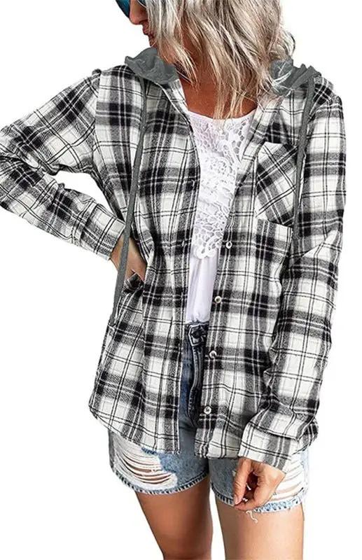 Cozy women's plaid hoodie button-down shirt jacket, offering trendy comfort for spring leisure activities.