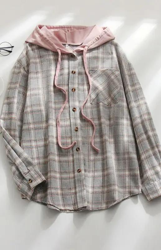 Versatile women's leisure plaid hoodie shirt jacket, button-down, a must-have for spring/summer trends.