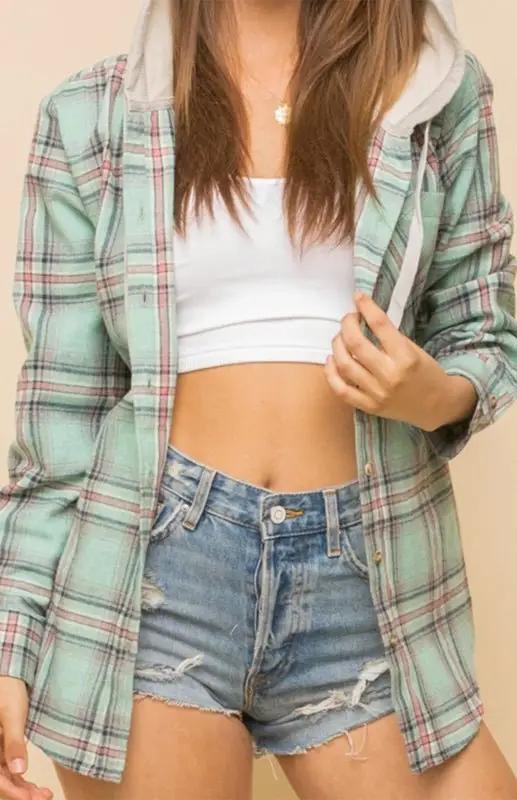Comfy women's long sleeve plaid hoodie shirt jacket, versatile for casual spring and summer days.
