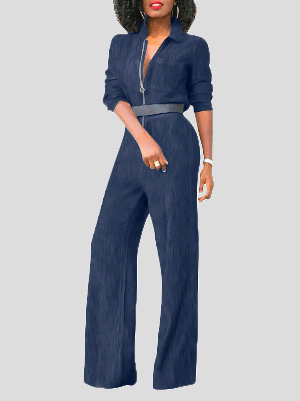 Woman wearing a comfortable and versatile long sleeve zipper jumpsuit, ideal for casual and chic everyday outfits.