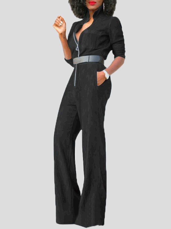 Close-up of women's long sleeve jumpsuit, highlighting the chic front zipper detail and comfortable fabric.