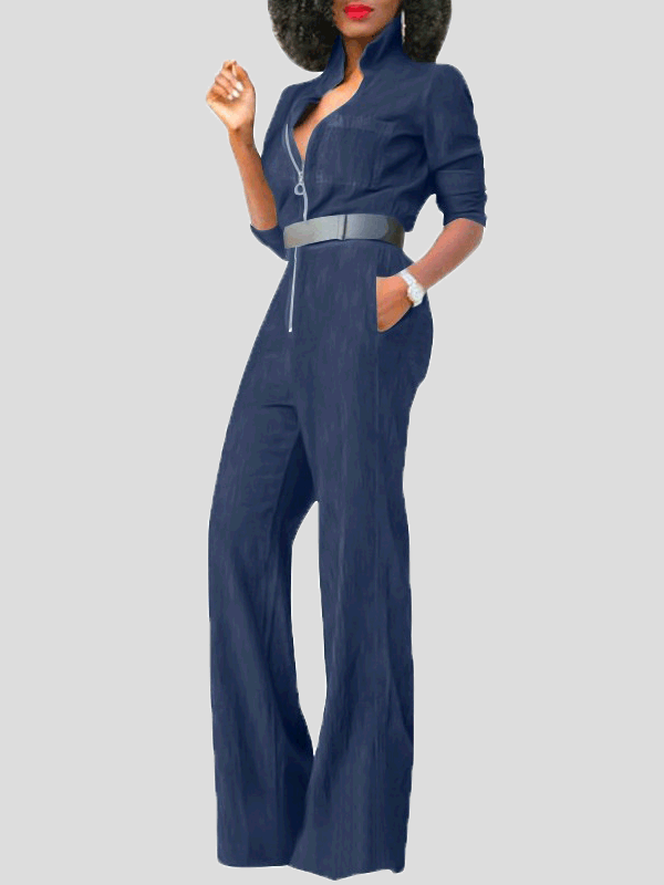 Women's stylish long sleeve jumpsuit with front zipper, perfect for versatile everyday fashion and comfort.