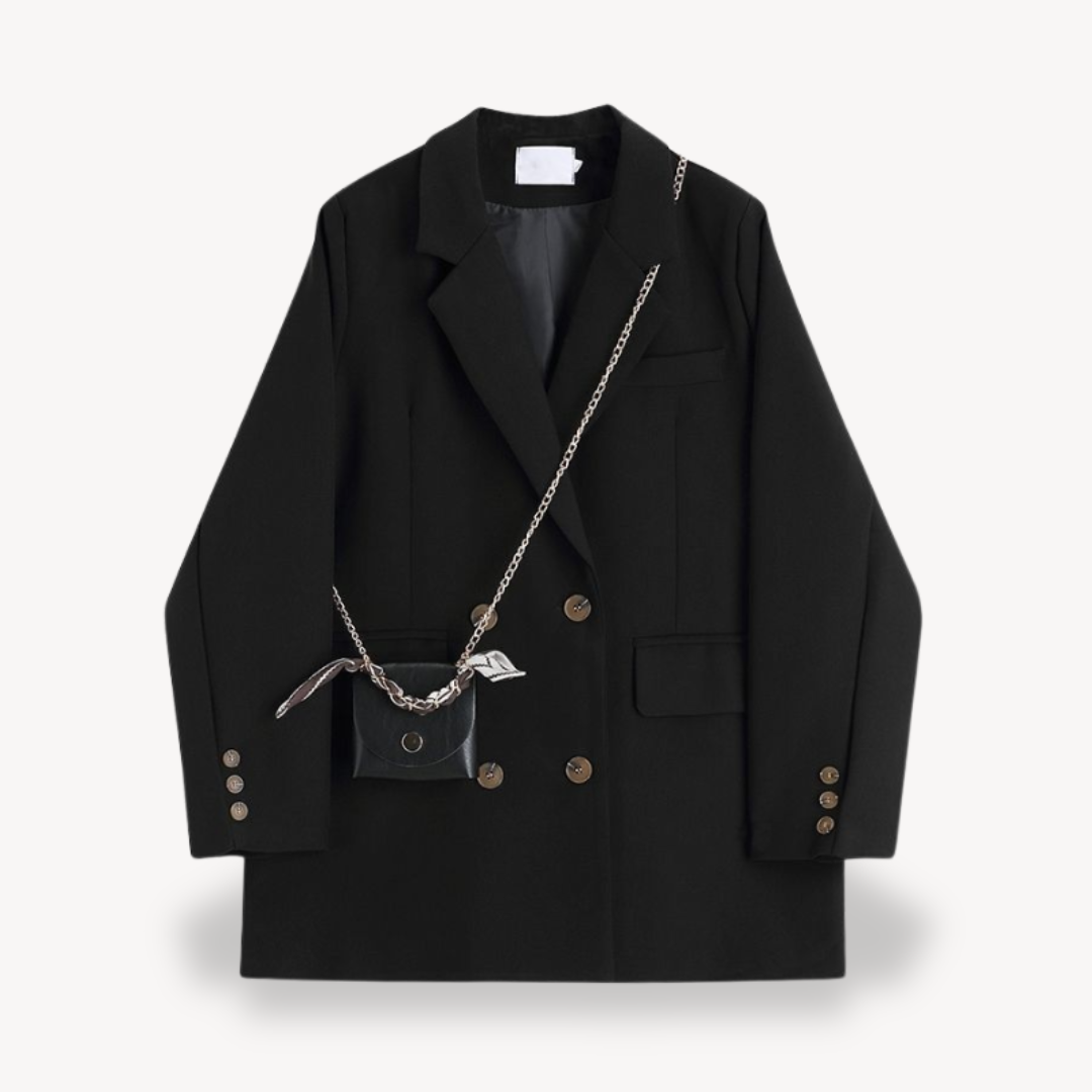 Women's khaki oversized blazer with double-breasted design, chic and relaxed fit, ideal for casual or business wear.