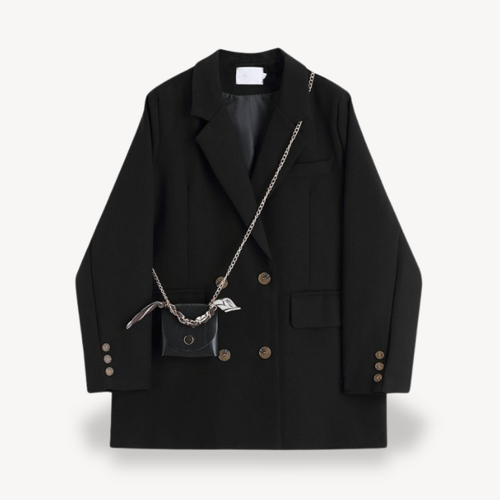 Women's khaki oversized blazer with double-breasted design, chic and relaxed fit, ideal for casual or business wear.