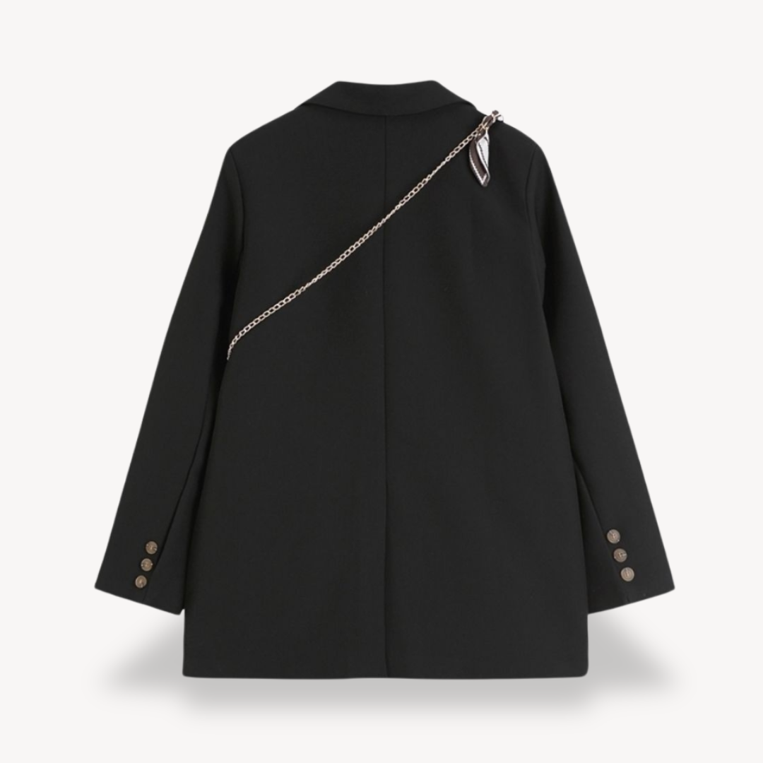 Women's khaki oversized blazer with double-breasted design, chic and relaxed fit, ideal for casual or business wear.