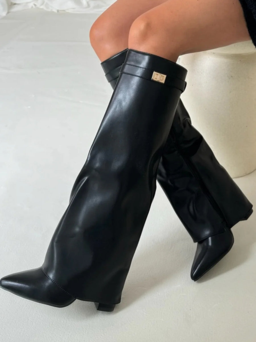 Women's knee-high suede boots with block heel, showing luxury suede material, stylish design, and comfortable fit.