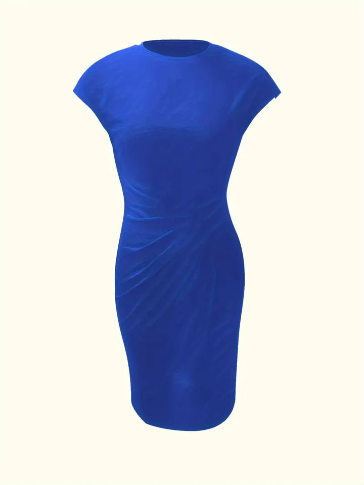 Women's knee-length sheath dress with cap sleeves and ruched waist, offering a flattering fit and elegant silhouette for any 