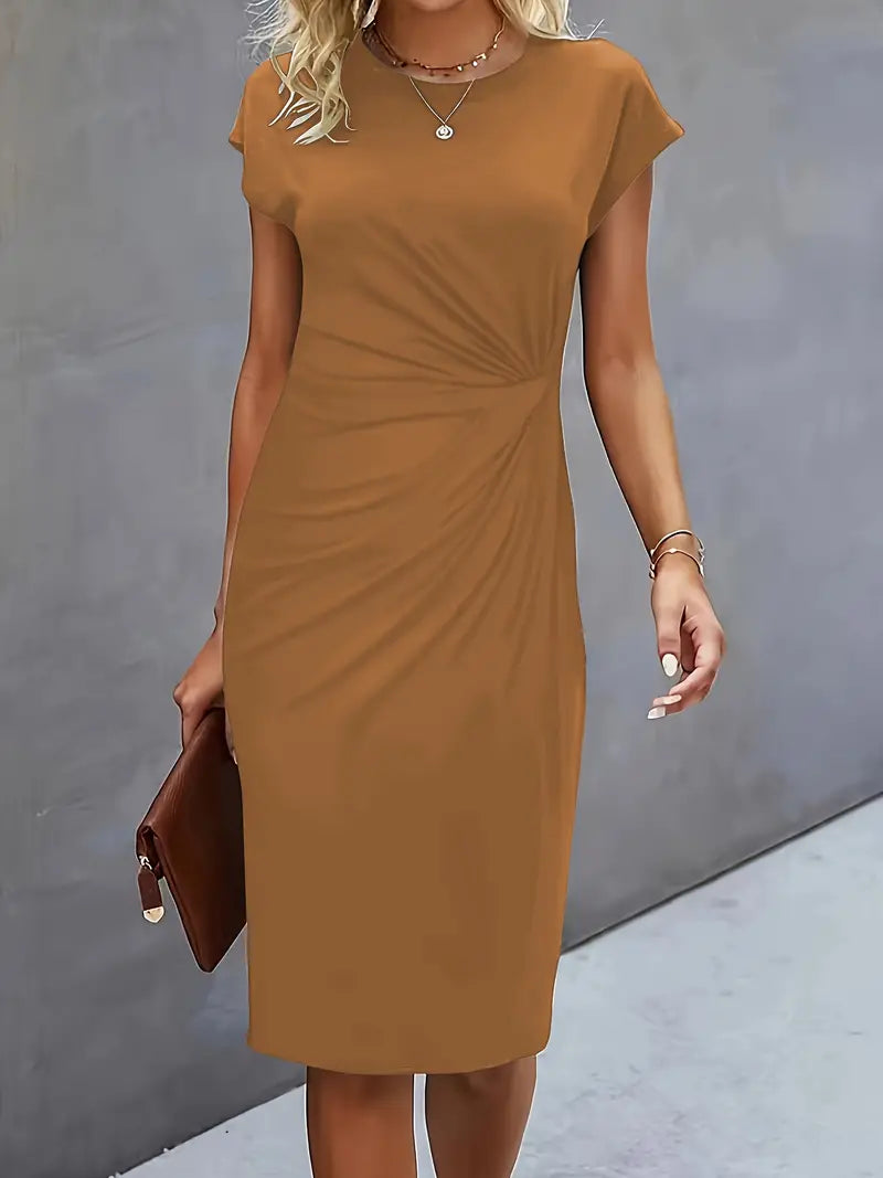 Women's knee-length sheath dress with cap sleeves and ruched waist, offering a flattering fit and elegant silhouette for any 