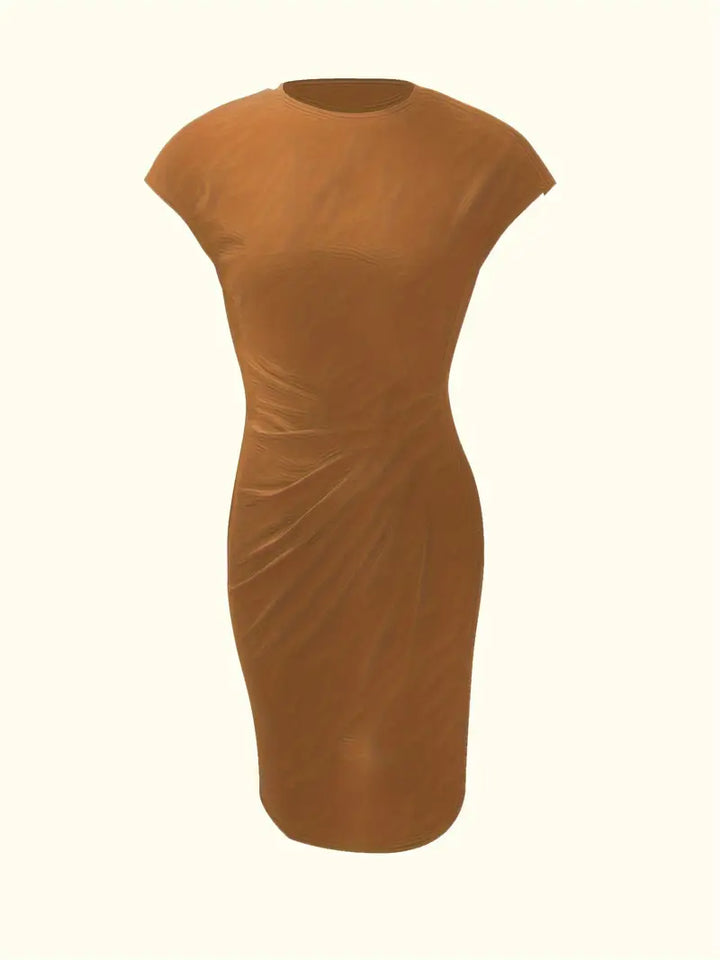 Women's knee-length sheath dress with cap sleeves and ruched waist, offering a flattering fit and elegant silhouette for any 