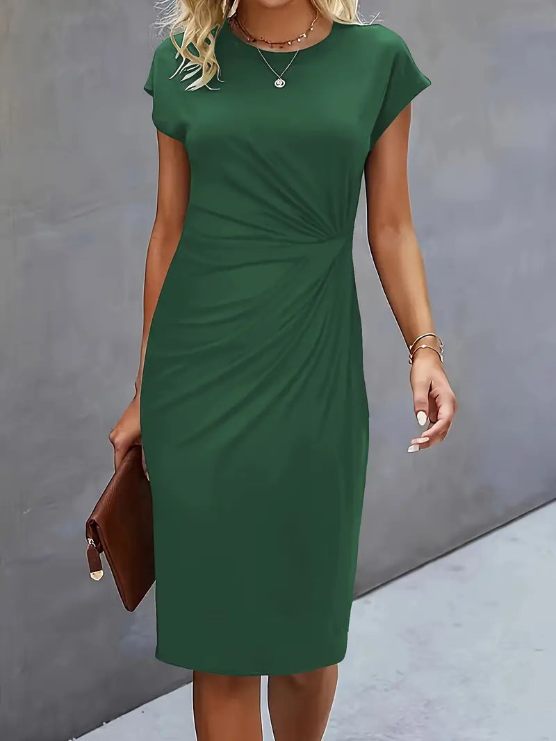 Women's knee-length sheath dress with cap sleeves and ruched waist, offering a flattering fit and elegant silhouette for any 