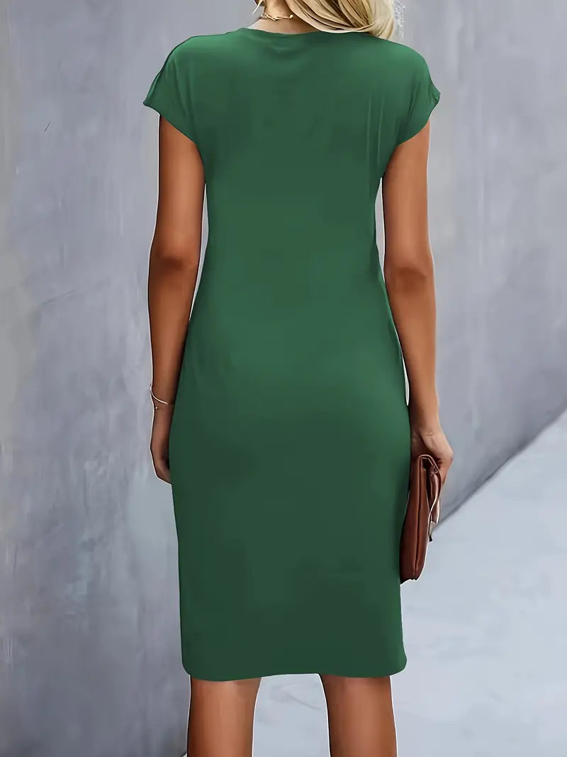 Women's knee-length sheath dress with cap sleeves and ruched waist, offering a flattering fit and elegant silhouette for any 