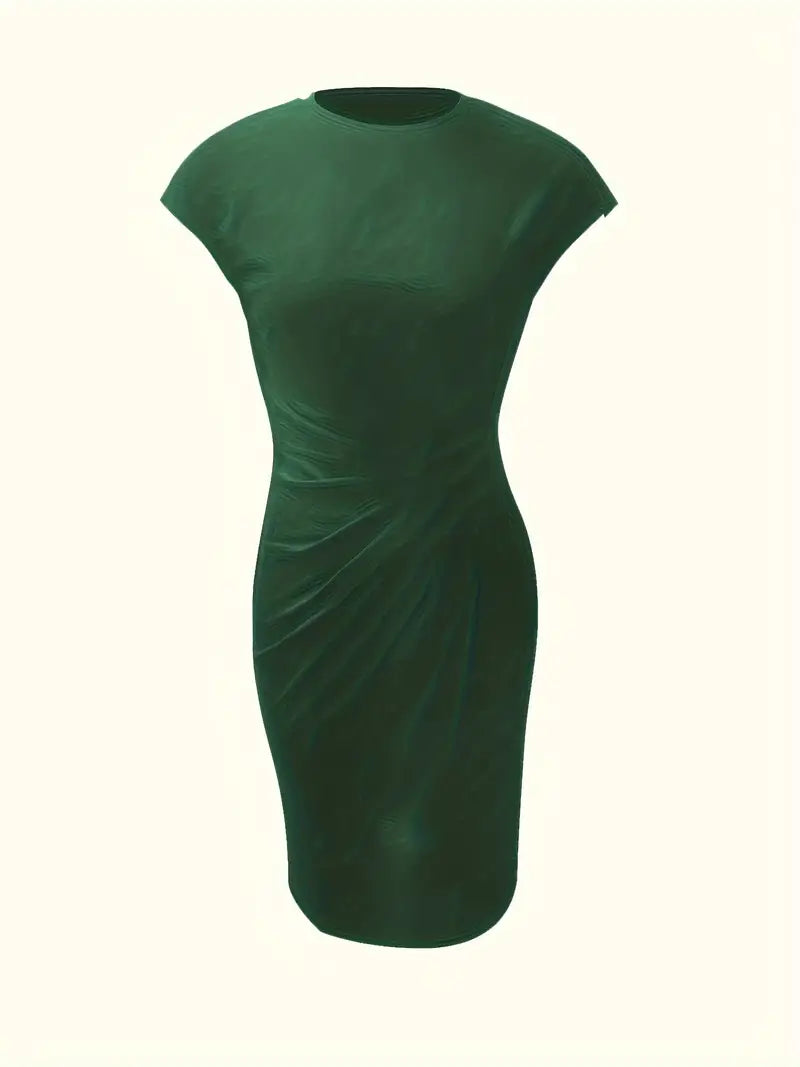Women's knee-length sheath dress with cap sleeves and ruched waist, offering a flattering fit and elegant silhouette for any 