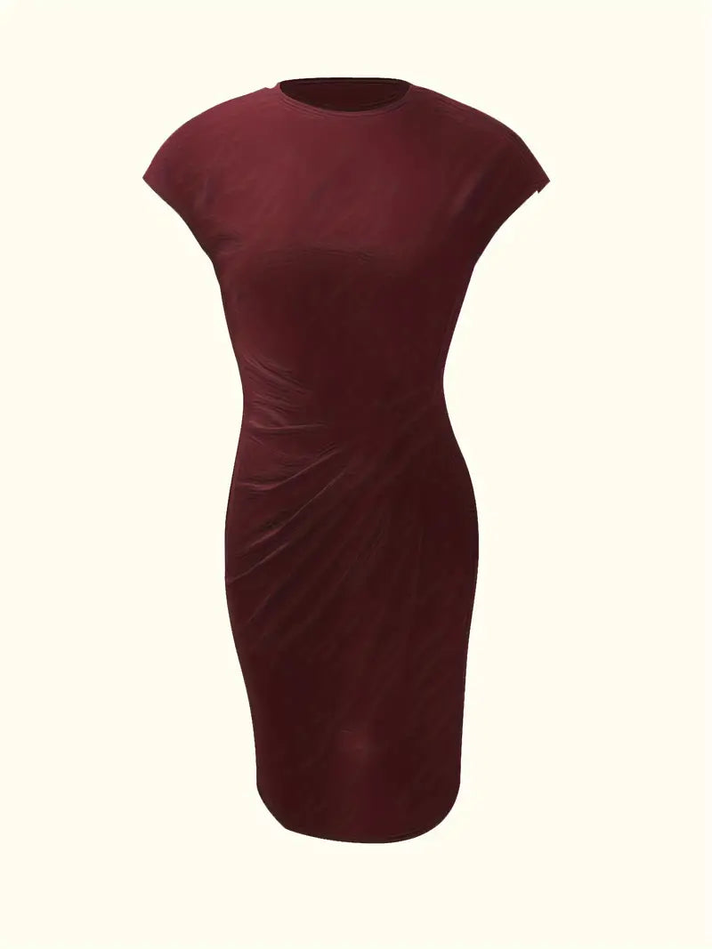 Women's knee-length sheath dress with cap sleeves and ruched waist, offering a flattering fit and elegant silhouette for any 