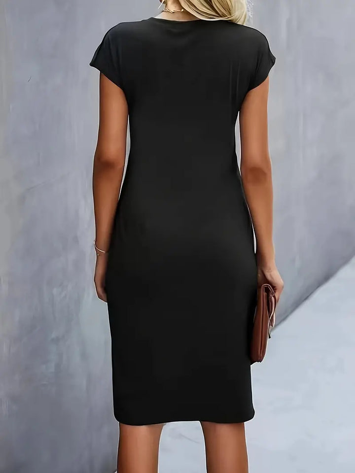 Women's knee-length sheath dress with cap sleeves and ruched waist, offering a flattering fit and elegant silhouette for any 
