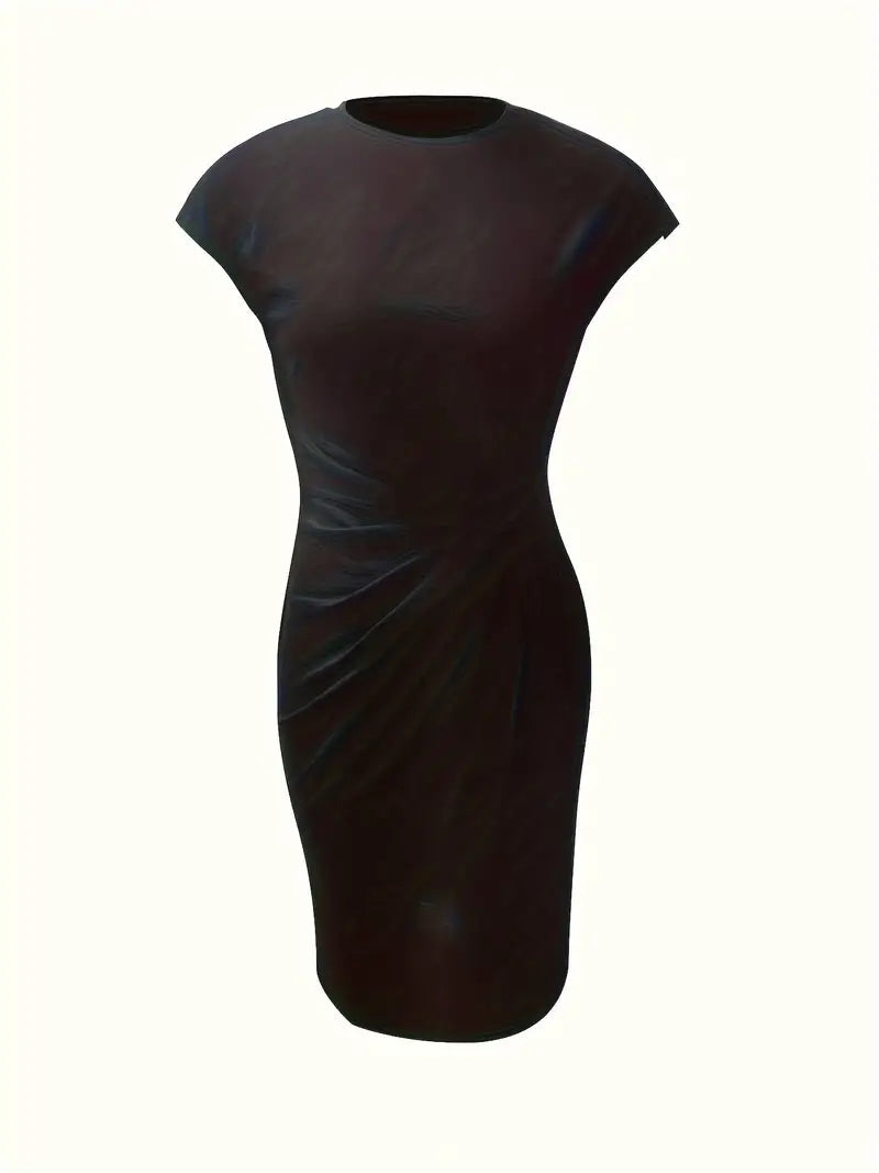 Women's knee-length sheath dress with cap sleeves and ruched waist, offering a flattering fit and elegant silhouette for any 