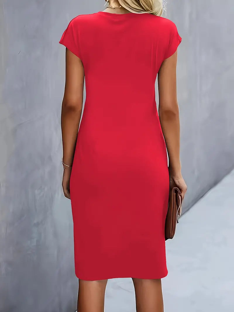Women's knee-length sheath dress with cap sleeves and ruched waist, offering a flattering fit and elegant silhouette for any 