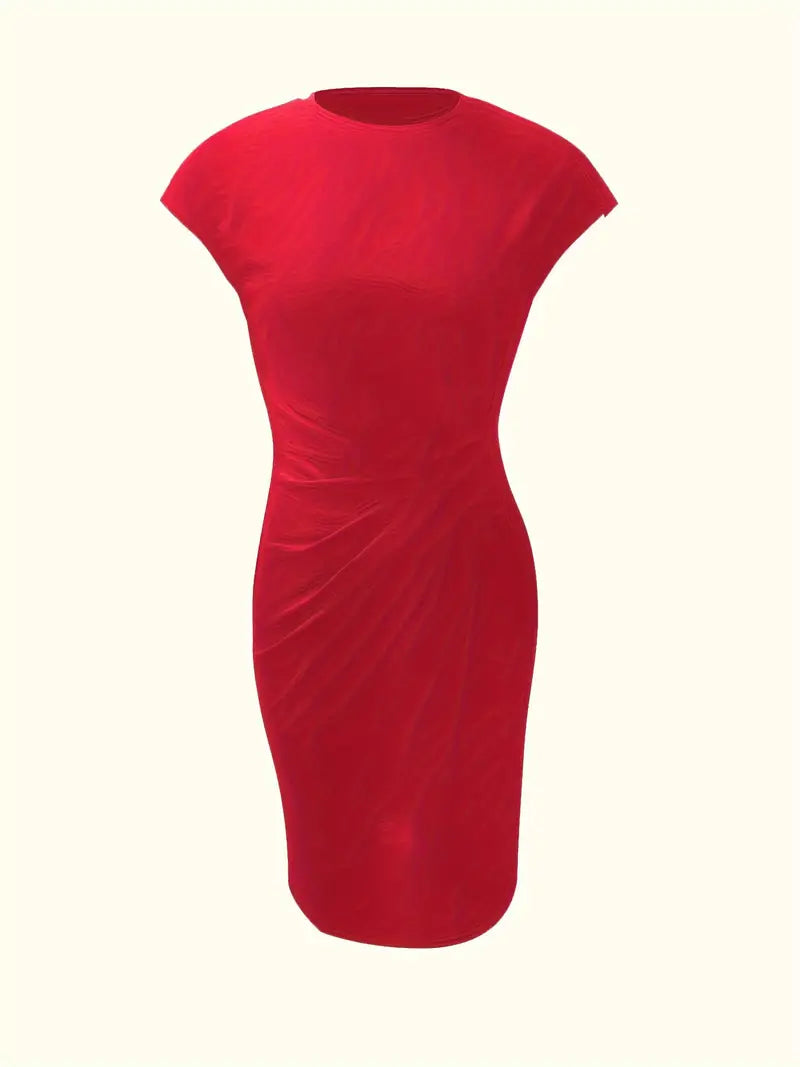Women's knee-length sheath dress with cap sleeves and ruched waist, offering a flattering fit and elegant silhouette for any 