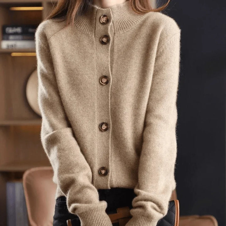 Chic women's long sleeve stand-collar cardigan, button-front design with ribbed cuffs for versatile styling.