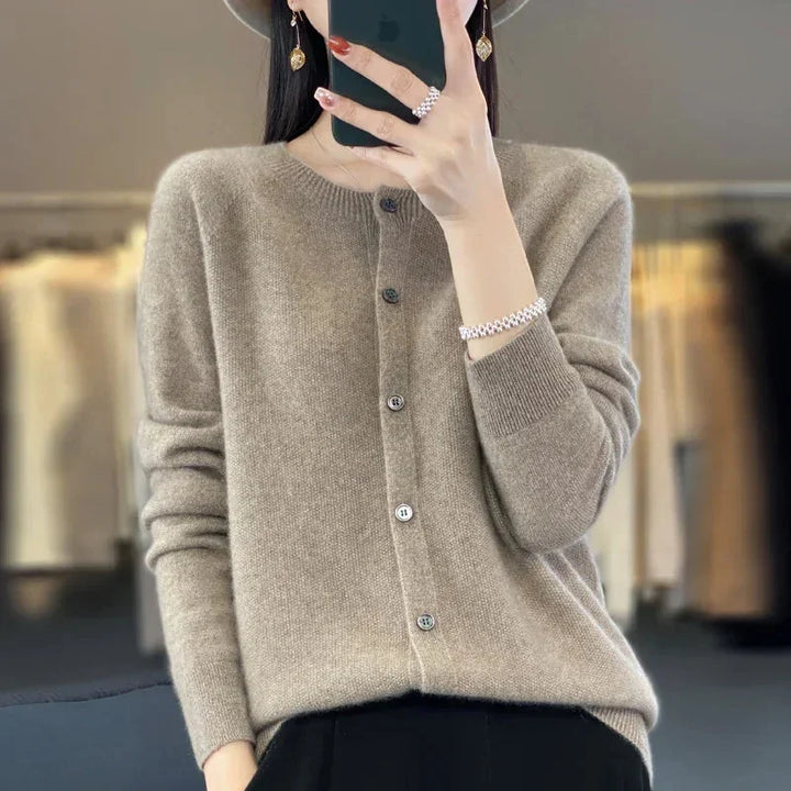 Casual women's knit button-front sweater, crew neck, perfect comfort wear & easy styling.