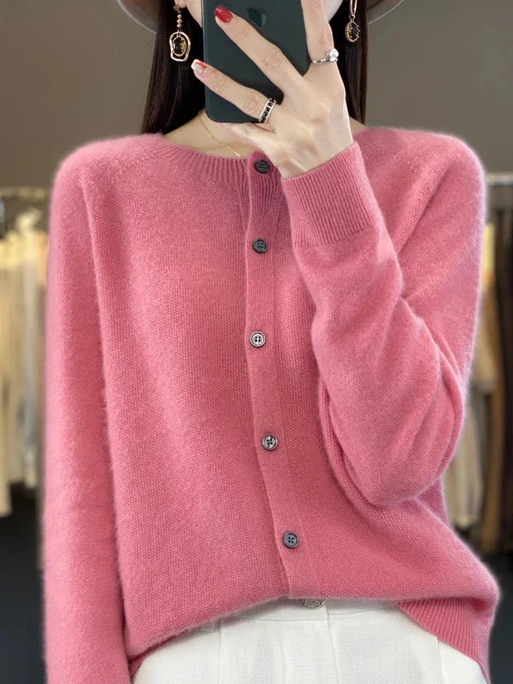 Women's versatile button-front knit cardigan sweater, essential layering piece for all seasons.