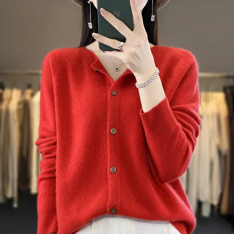 Elegant women's button-front knit cardigan, long sleeve, for stylish versatile layering looks.