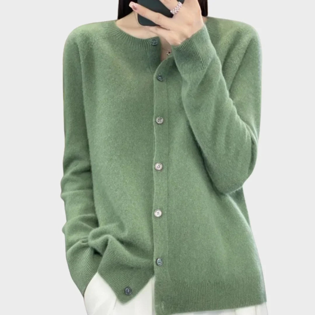 Women's crew-neck long-sleeve cardigan sweater. Soft knit, button-front, perfect for layering.