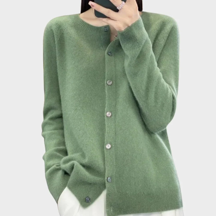 Women's crew-neck long-sleeve cardigan sweater. Soft knit, button-front, perfect for layering.