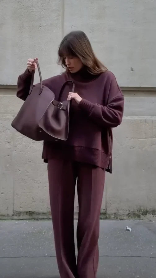 Elegant women's fall fashion matching set: long-sleeve knit turtleneck and flowy wide-leg pants.